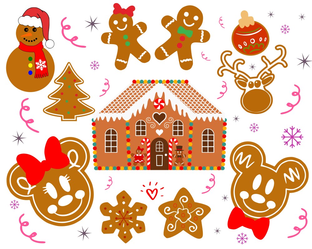 christmas gingerbread svg bundle included mickey, minie, snowman, deer, ornament, gingerbread man and gingerbread woman