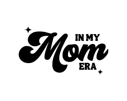 Black and white digital design mockup of the In My Mom Era SVG typography with decorative stars.