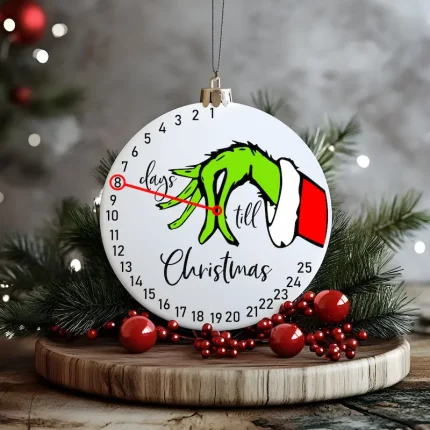 Grinch Countdown SVG preview on a Christmas ornament mockup