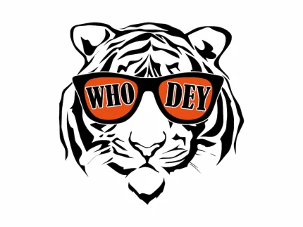Digital SVG illustration of a tiger head wearing sunglasses with "Who Dey" text in the lenses.