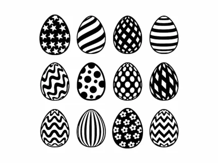 Easter Egg Silhouettes SVG showing 12 black-white patterned egg silhouettes, clean modern vector style on a white background.