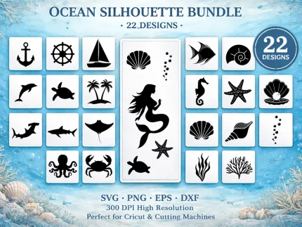 Ocean silhouette SVG bundle with mermaid, dolphin, turtle, octopus, shells and sea animals – 22 ocean themed cut files for Cricut and Silhouette