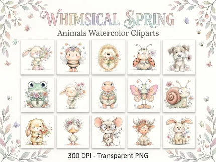 Whimsical spring animals watercolor clipart bundle with 15 pastel animal PNG designs on transparent background