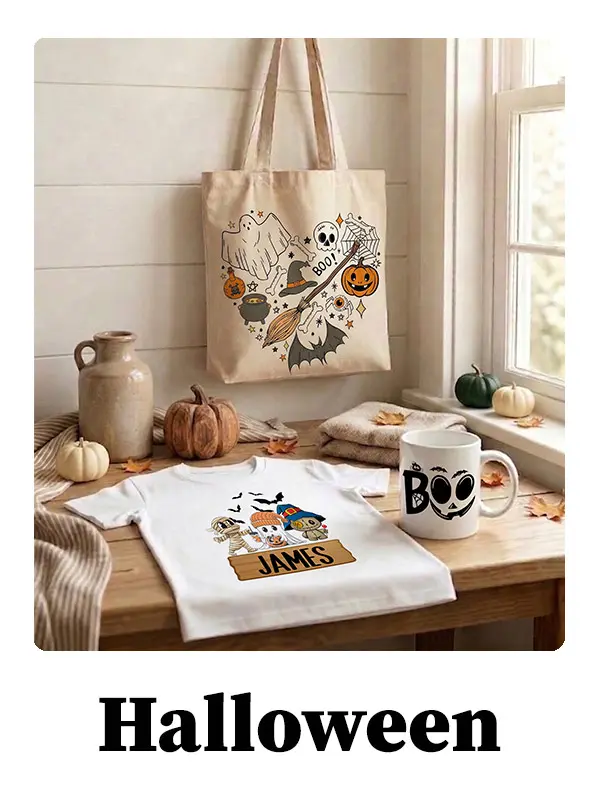 Mockup of Halloween-themed personalized white t-shirt, tote bag, and ceramic mug featuring ghost, pumpkin, and witch designs.