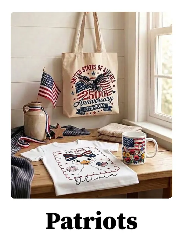 Patriotic 250th Anniversary USA designs on a tote bag, t-shirt, and mug.