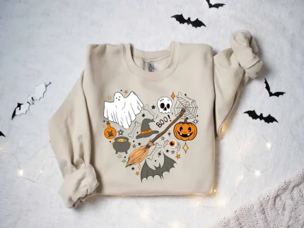 halloween doodle heart svg with ghost pumpkin witch and bat cute spooky design for cricut and sublimation
