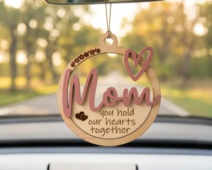 Mom car charm SVG laser cut wooden ornament with pink lettering, Mother's Day gift hanging in car rearview mirror