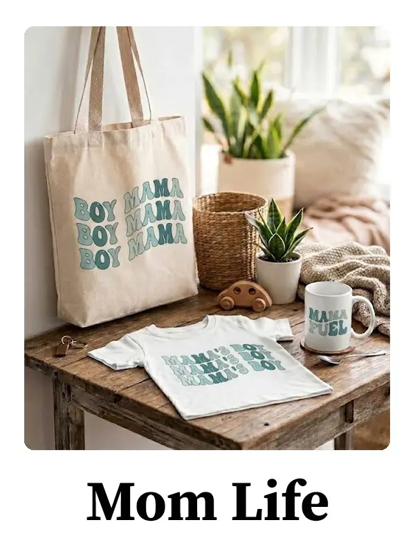 Mom Life mockup with tote bag, baby t-shirt, and mug featuring Boy Mama design in a cozy home setting